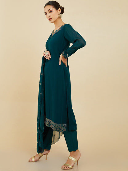 Dhiyona SO Women's Women Beads and Stones Silk Georgette Kurta with Trousers & Dupatta