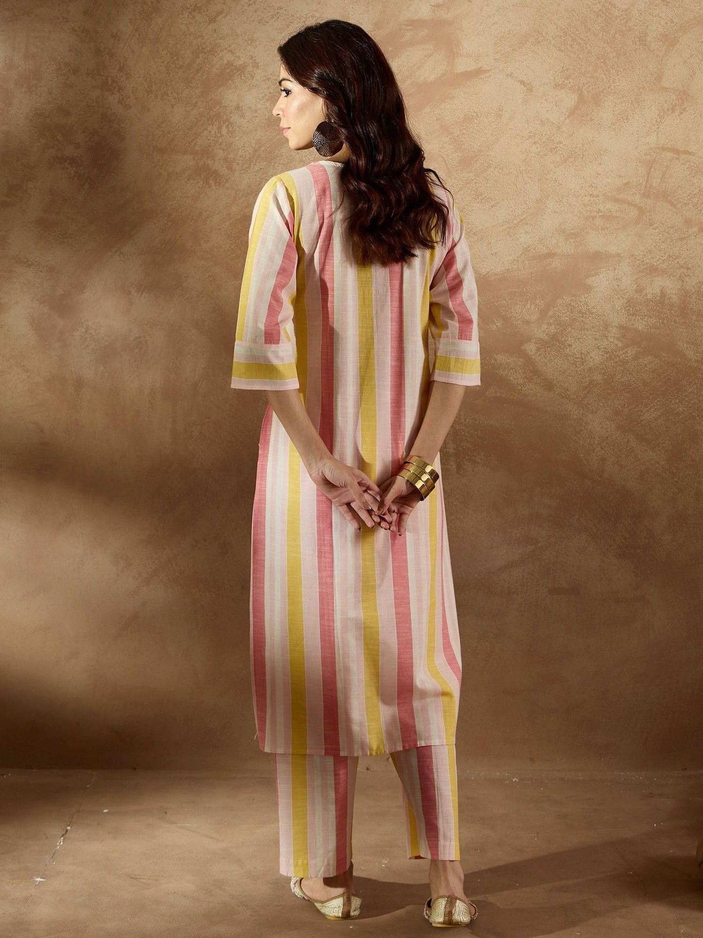 Dhiyona IE Floral Embroidered Striped Pure Cotton V-Neck Straight Kurta With Trousers