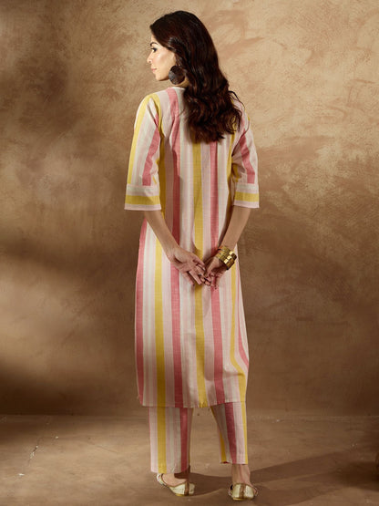 Dhiyona IE Floral Embroidered Striped Pure Cotton V-Neck Straight Kurta With Trousers