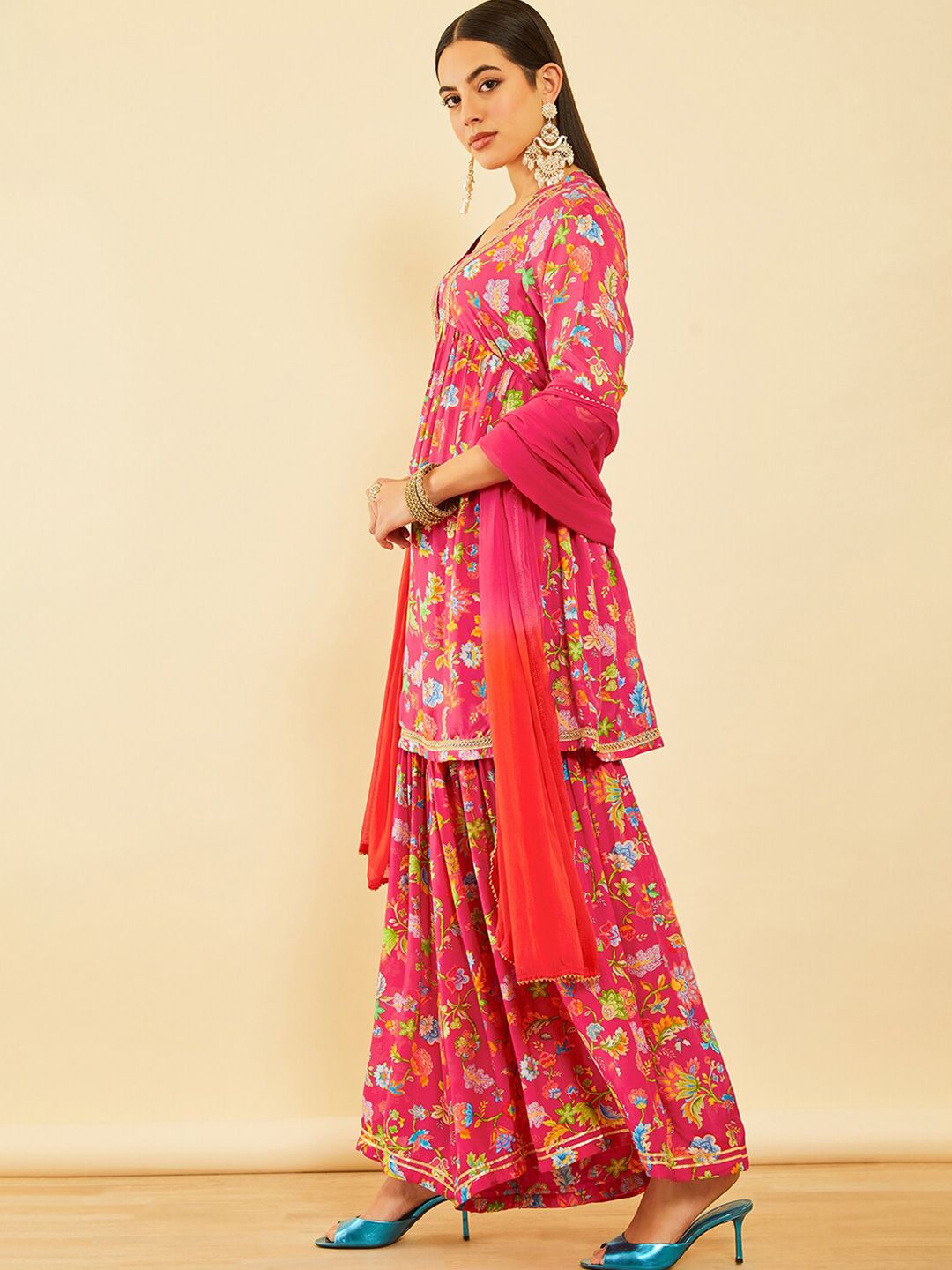 Dhiyona SO Women's Floral Printed Sequinned A-Line Kurta with Sharara With Dupatta