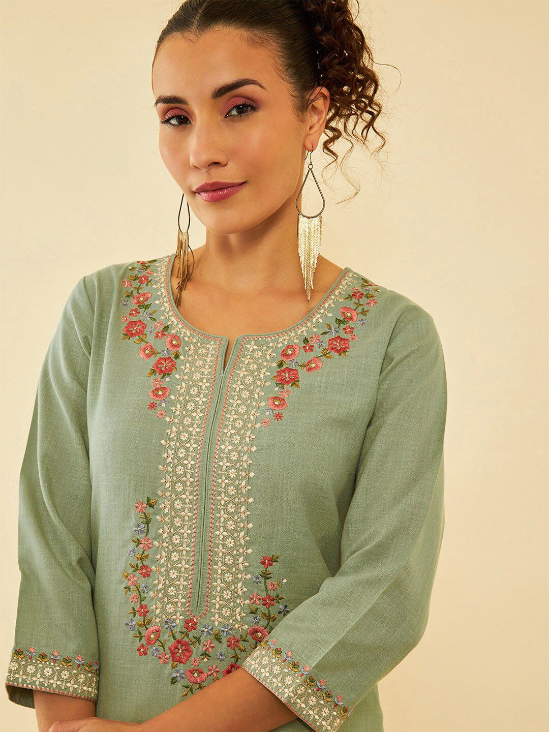 Dhiyona SO Women's Floral Yoke Design Regular Thread Work Kurta with Palazzos