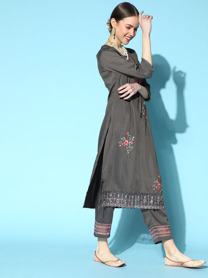 Charcoal Silk Blend Romantic Florals Kurta Set