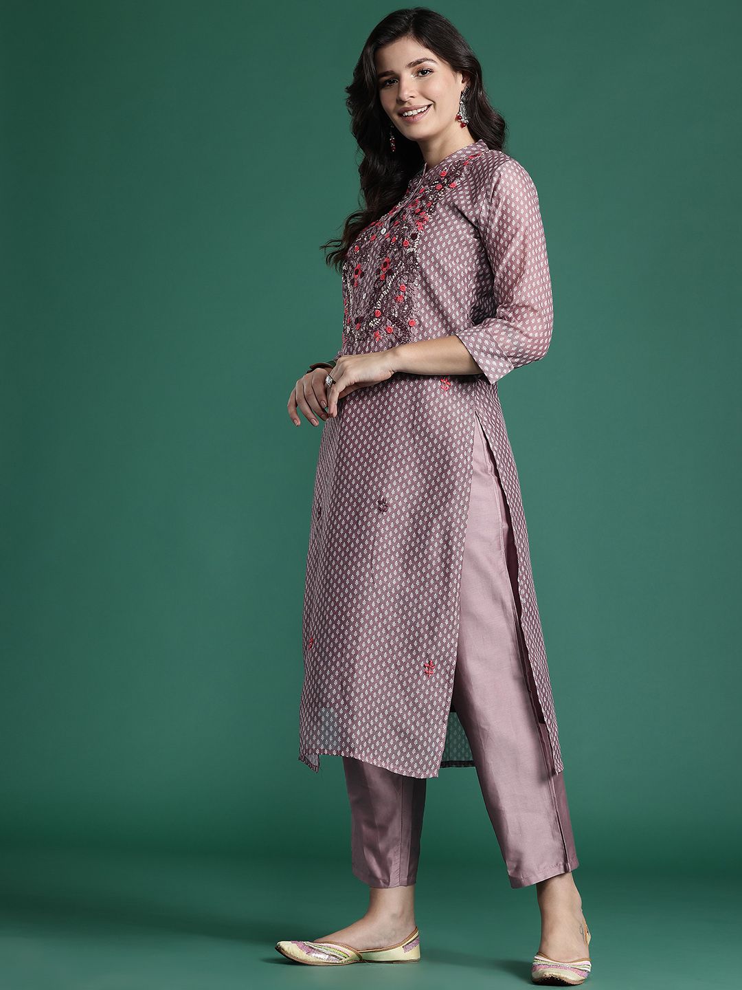 Dhiyona IE Floral Printed Thread Work Chanderi Silk Kurta with Trousers & With Dupatta