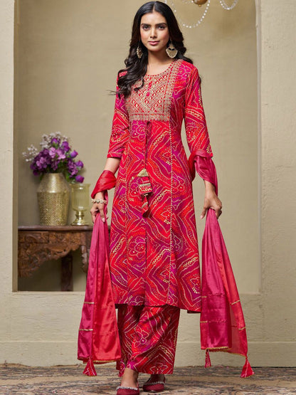 Dhiyona SN Women's Bandhani Printed Sequinned Kurta with Palazzo & Dupatta