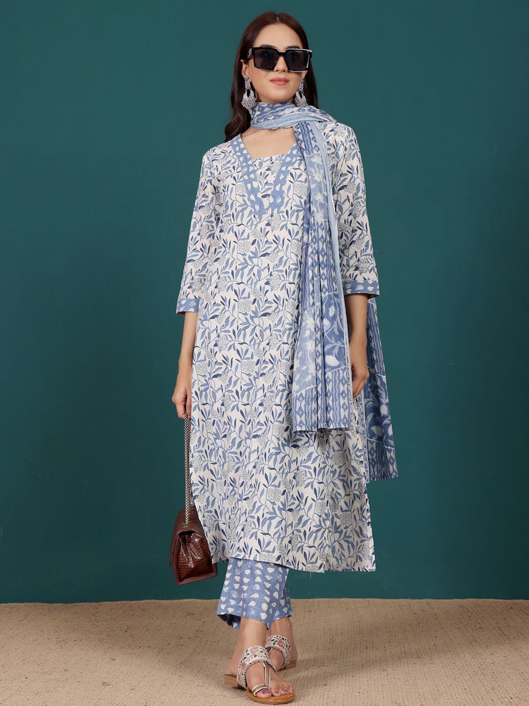 Dhiyona VA Women'sFloral Printed V-Neck Pure Cotton Straight Kurta With Trousers & Dupatta