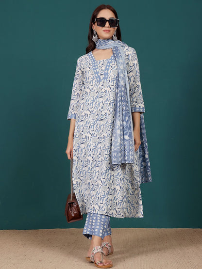 Dhiyona VA Women'sFloral Printed V-Neck Pure Cotton Straight Kurta With Trousers & Dupatta