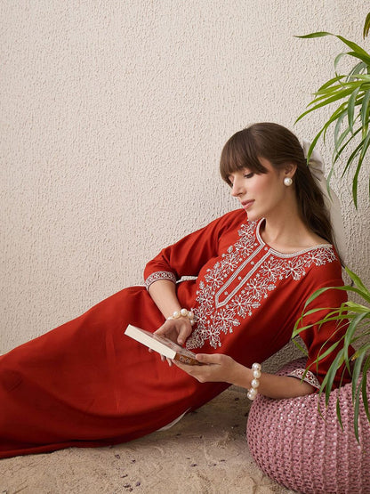 Dhiyona IE Floral Yoke Design Thread Work Cotton Straight Kurta
