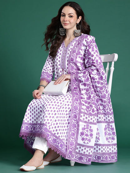 Floral Printed Pure Cotton Kurta with Trousers & Dupatta