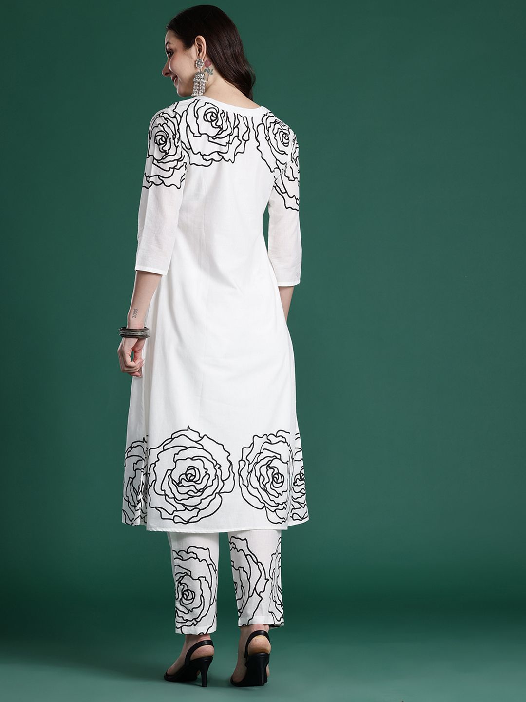 Floral Printed Mirror Work Pure Cotton Kurta with Trousers