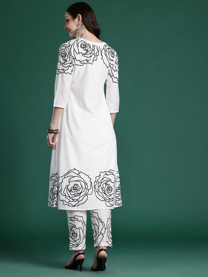 Floral Printed Mirror Work Pure Cotton Kurta with Trousers
