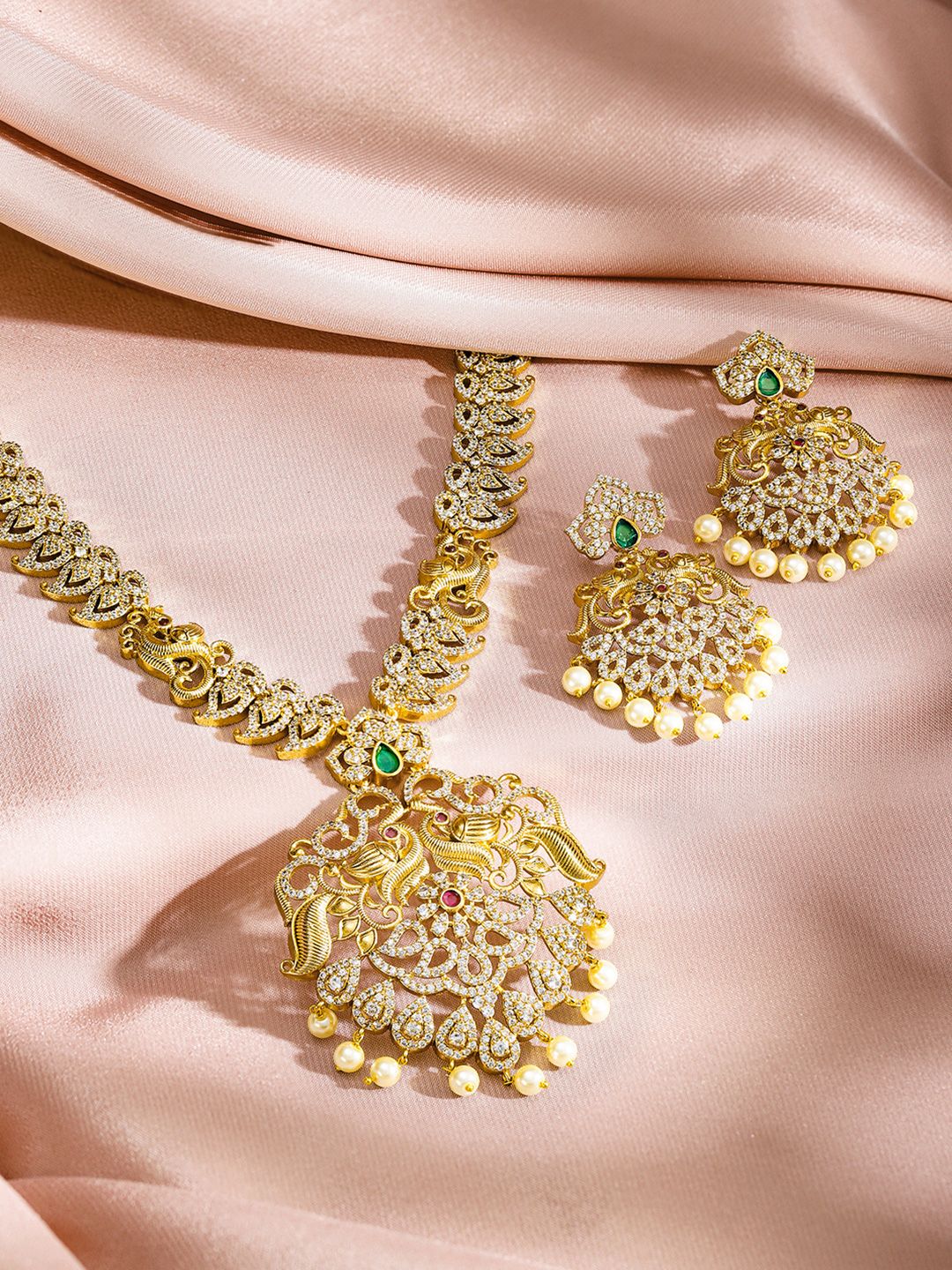Dhiyona RJ Women's 24K Gold Plated Emerald Ruby & Cubic Zirconia Studded Pearl Drop Jewelry Set
