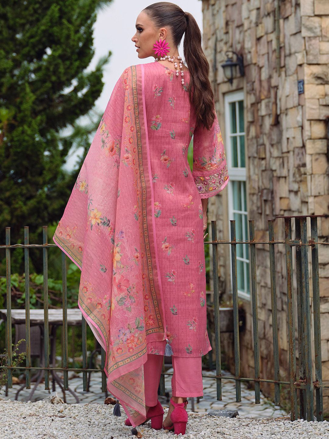 Women Floral Embroidered Beads and Stones Kurta with Trousers & With Dupatta