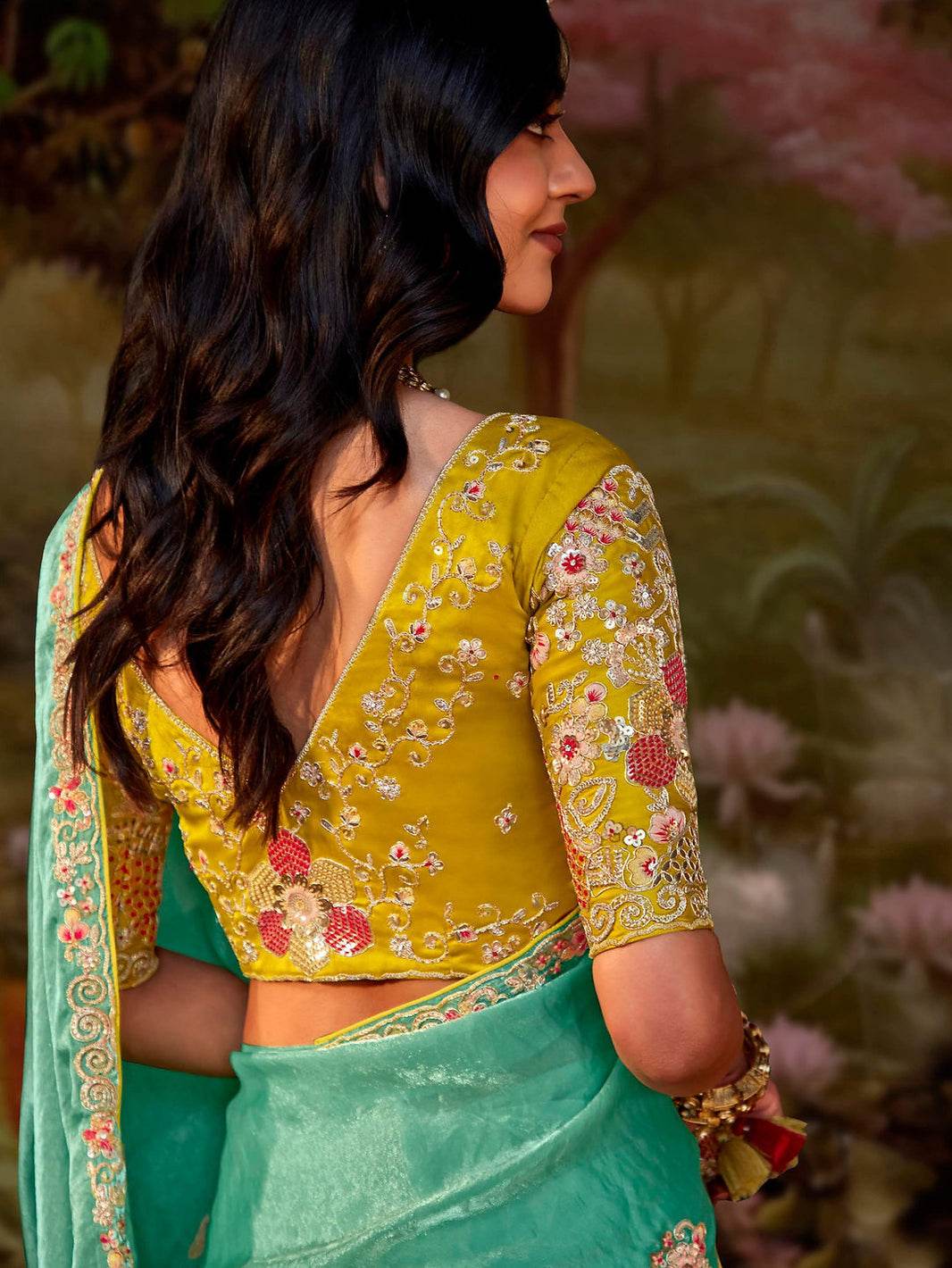 Dhiyona KM Women Sea Green Silk Sequence Embroidery Saree