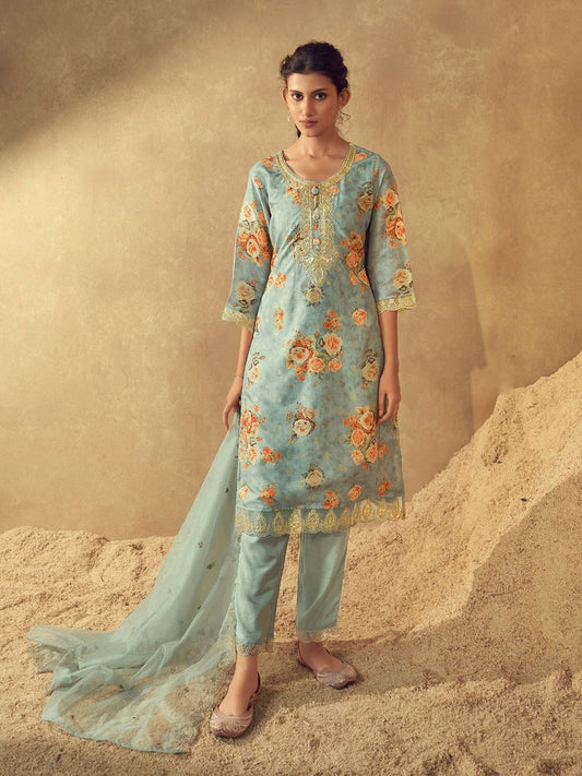 Dhiyona VA Women'sSea Green Floral Printed Round Neck Kurta with Trousers & Dupatta