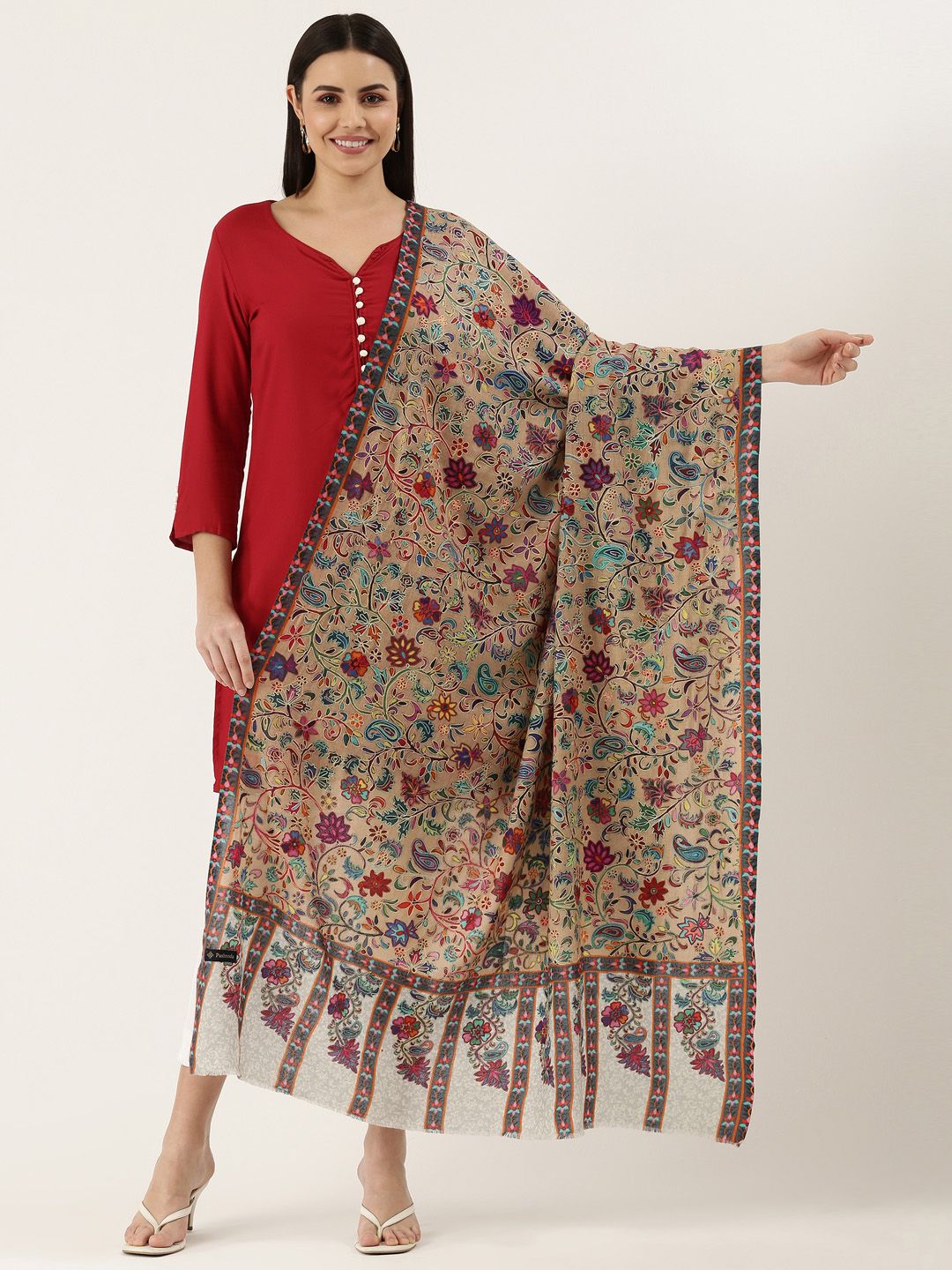 Dhiyona PA Women Beige Embroidered Pure Wool Shawl