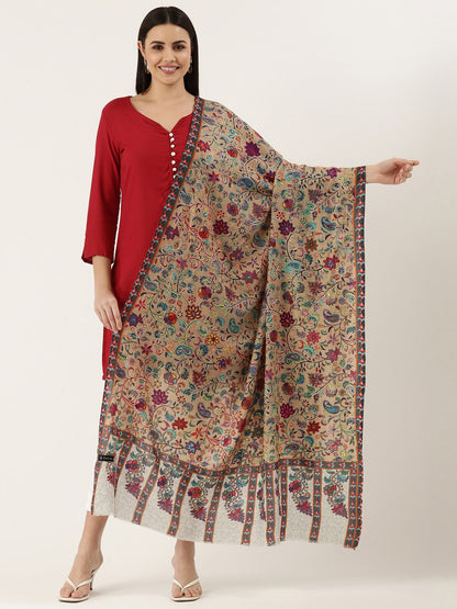 Dhiyona PA Women Beige Embroidered Pure Wool Shawl