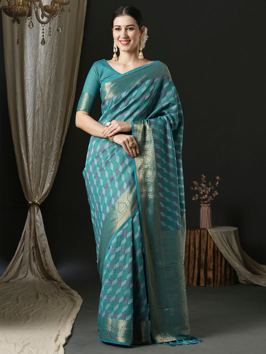 Women's Silk Blend Blue Woven Design Designer Saree With Blouse Piece