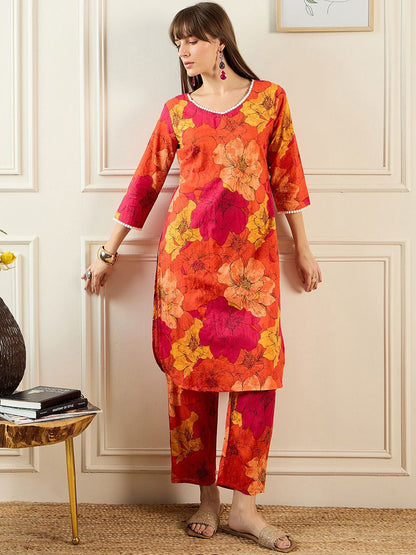 Floral Printed V-Neck Pure Cotton Straight Kurta With Trousers