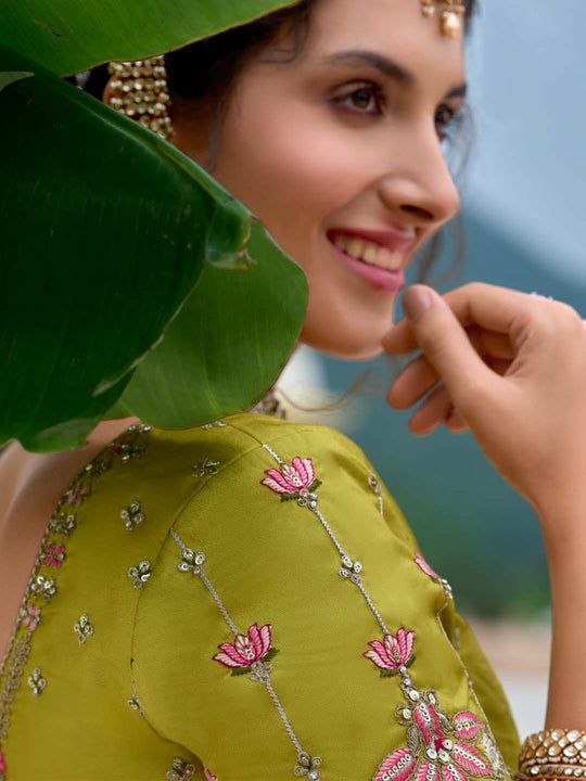 Women Sea Green Pure Chiffon Sequins and thread embroidery  Lehenga choli & Dupatta