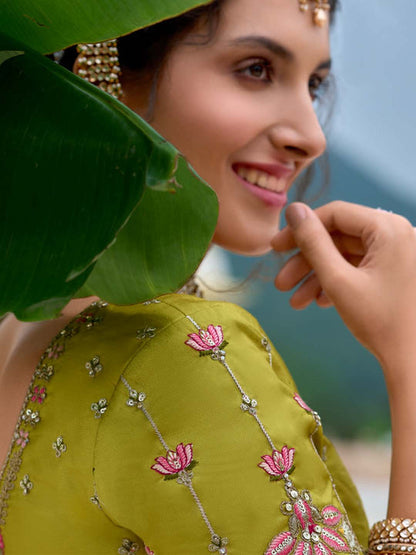 Women Sea Green Pure Chiffon Sequins and thread embroidery  Lehenga choli & Dupatta