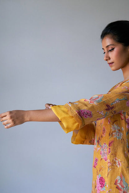 Women's Mustard Yellow Linen Chintz Printed Co-ord Set
