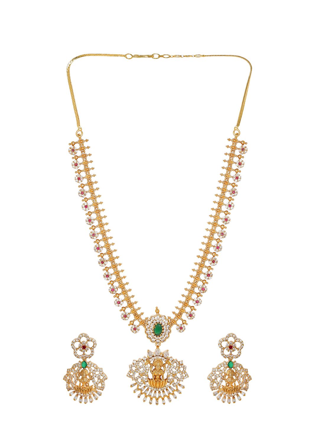 Dhiyona RJ Women's 22K Gold-Plated Emerald & CubicZirconia Temple Necklace Set with Divine Laxmi Motif