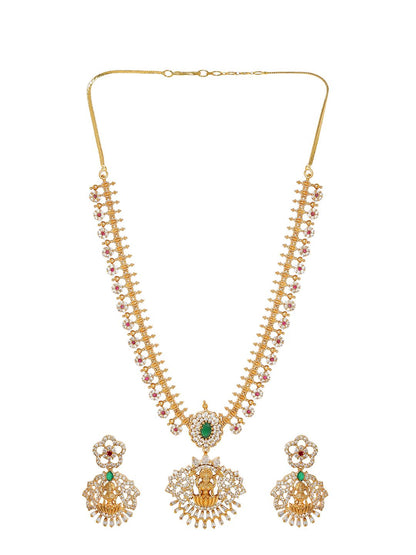 Dhiyona RJ Women's 22K Gold-Plated Emerald & CubicZirconia Temple Necklace Set with Divine Laxmi Motif