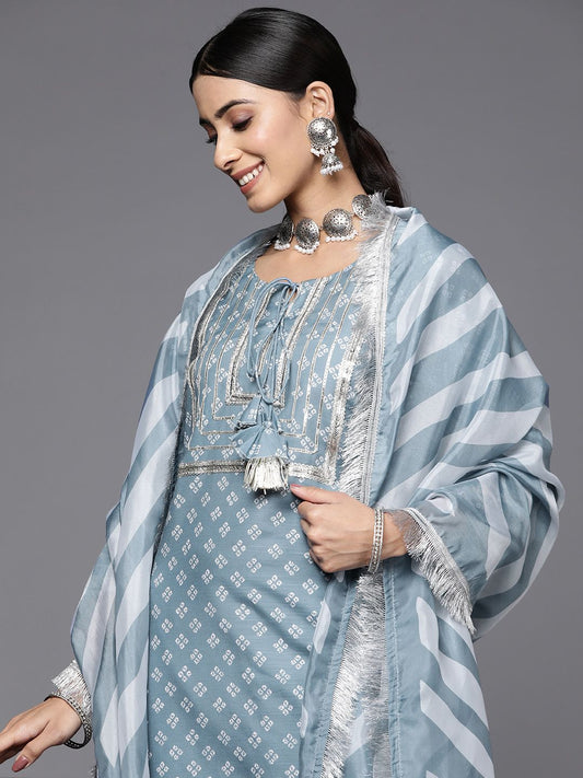 Dhiyona VA Women's Grey Bandhani Yoke Design Sequinned Kurta with Trousers & Dupatta