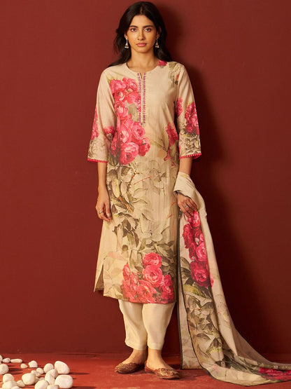 Dhiyona IE Floral Printed Notch-Neck Straight Kurta With Trousers And Dupatta