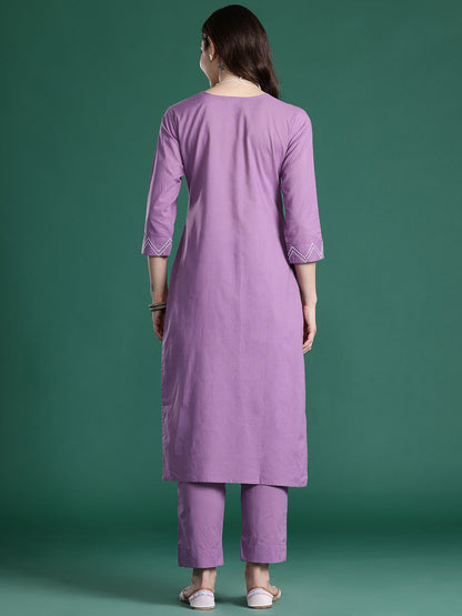 Floral Embroidered Thread Work Pure Cotton Kurta with Trousers