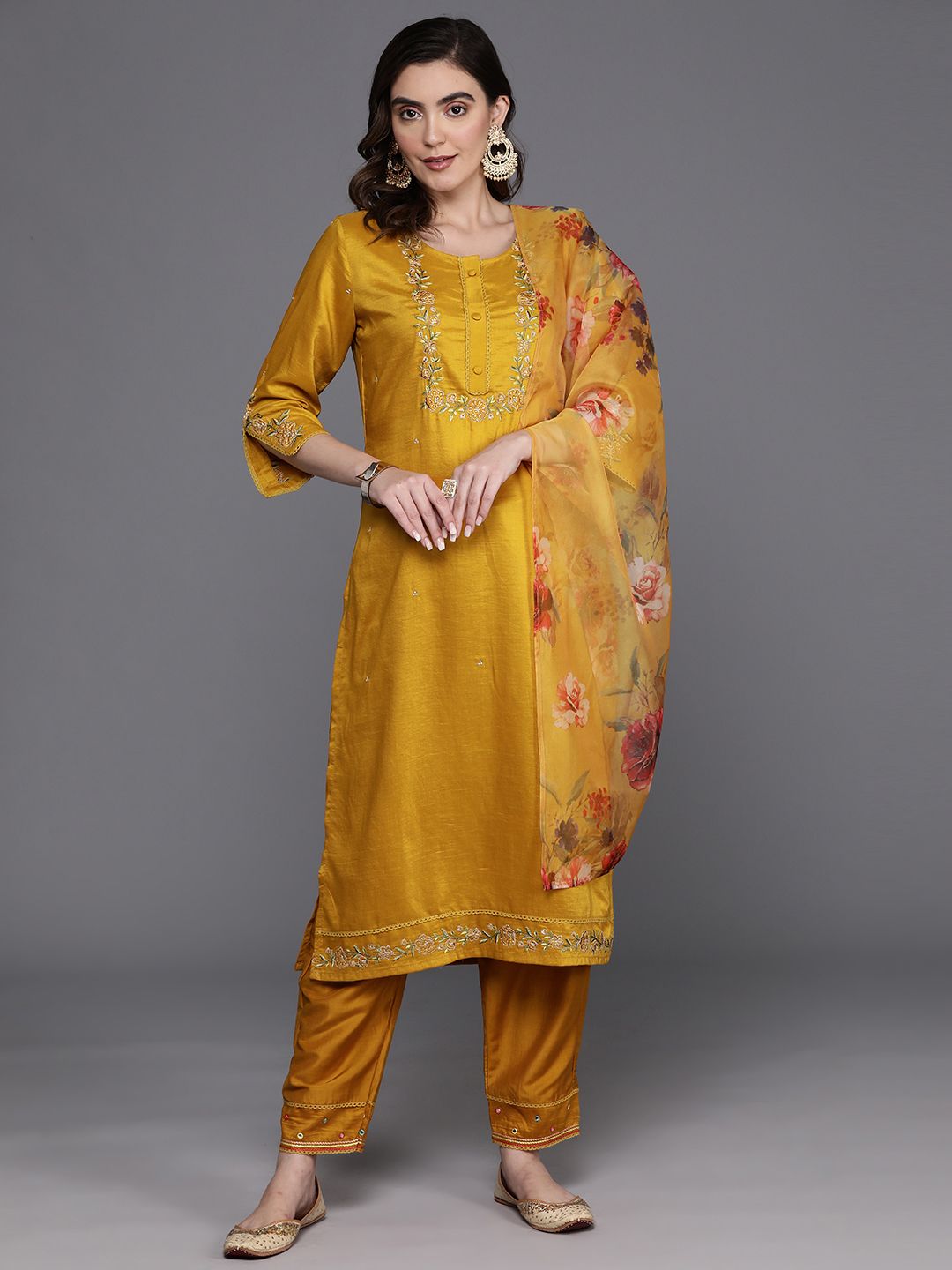 Floral Embroidered Thread Work Kurta with Trousers & Dupatta