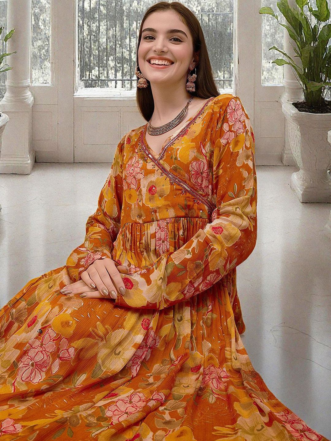 Dhiyona IS Women's Floral Printed Sequinned Angrakha Straight Kurta with Trousers & Dupatta