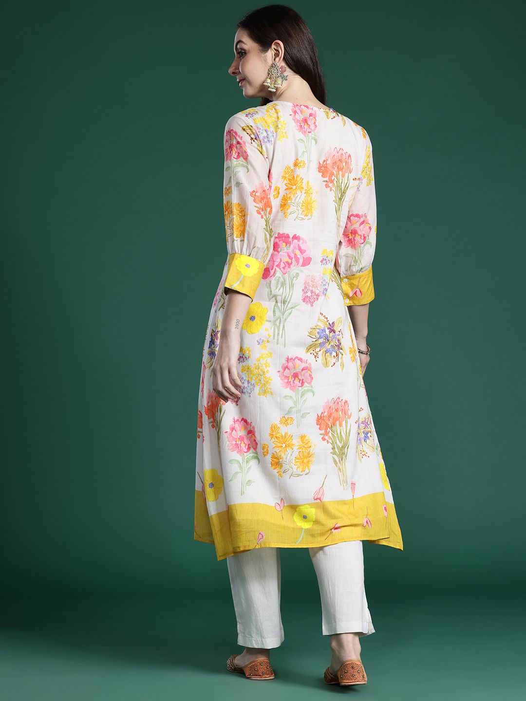 Floral Printed Pleated Pure Cotton A-Line Kurta with Trousers