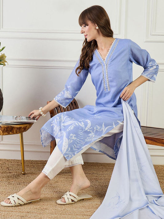 Women Floral Printed Linen Kurta with Trousers & Dupatta