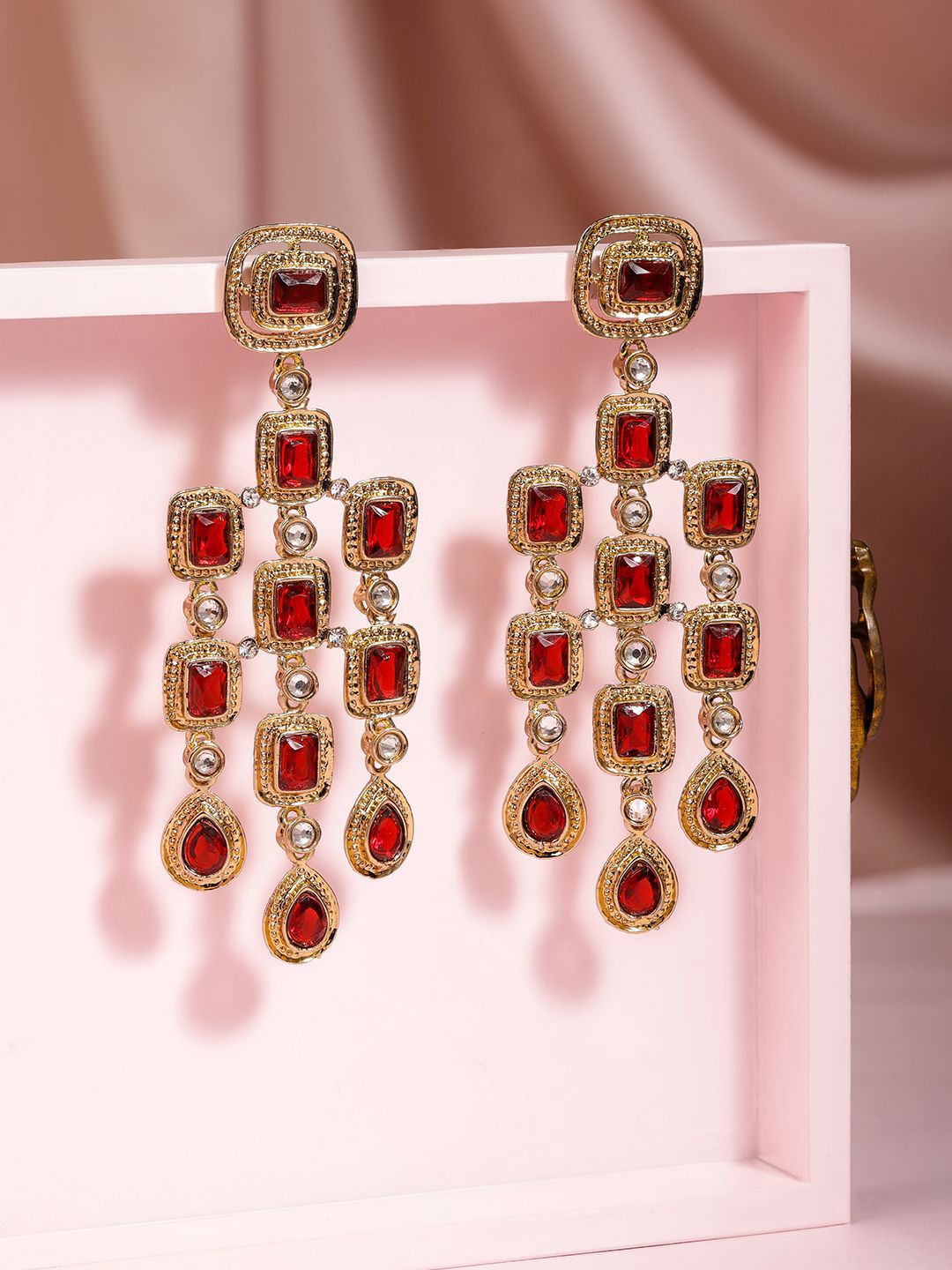 Dhiyona RJ Women's 22K Gold-Plated Ruby Red & Zirconia Studded Long Dangle Earrings