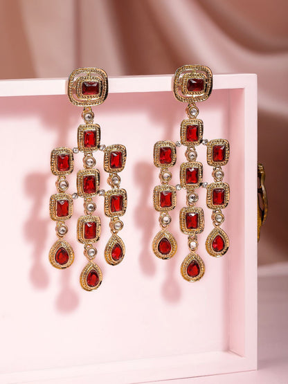 Dhiyona RJ Women's 22K Gold-Plated Ruby Red & Zirconia Studded Long Dangle Earrings