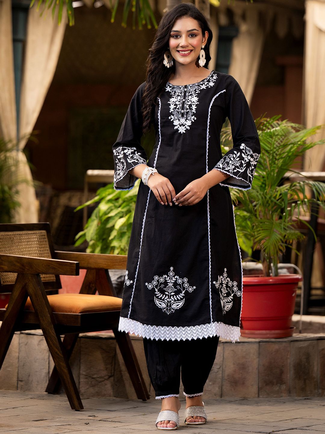 Dhiyona VA Women'sEthnic Motif Thread Embroidered A-Line Kurta With Afghani Trouser & Dupatta