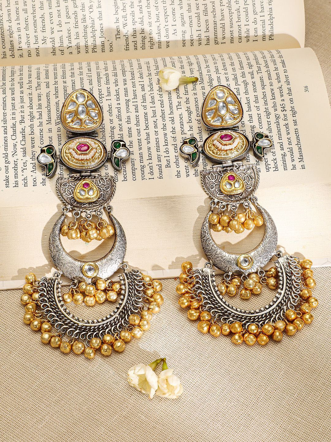 Dhiyona RJ Women's Oxidised Silver & Gold-Plated Long Chandbali with Kundan, Ruby,Emerald & Gold Beads