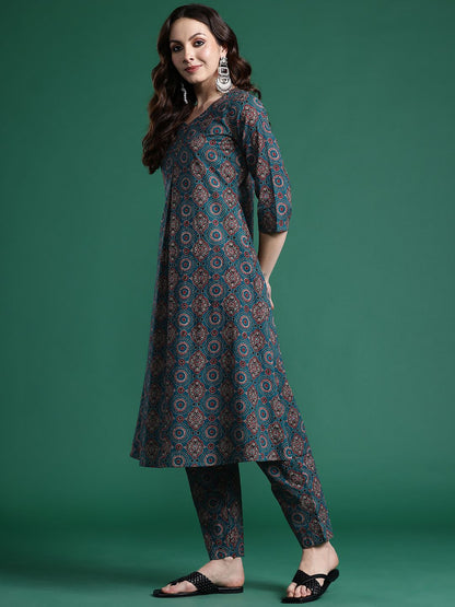 Dhiyona IE Ethnic Motifs Printed Pure Cotton Kurta with Trousers