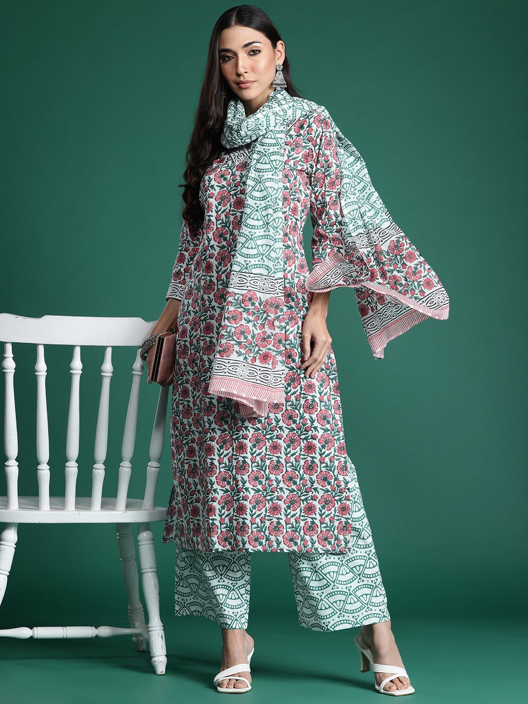 Dhiyona IE Floral Printed Pure Cotton Kurta with Trousers & With Dupatta