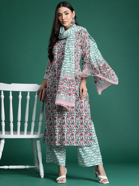 Dhiyona IE Floral Printed Pure Cotton Kurta with Trousers & With Dupatta