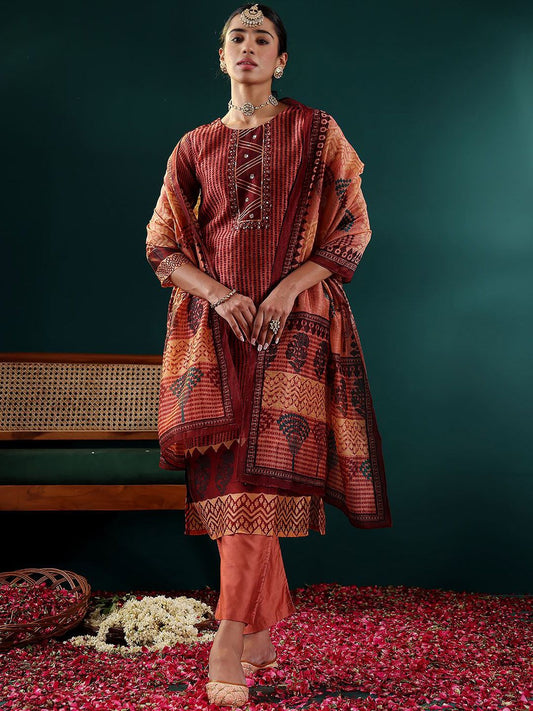 Dhiyona VA Women's Printed Regular Sequinned Chanderi Silk Kurta with Trousers & With Dupatta