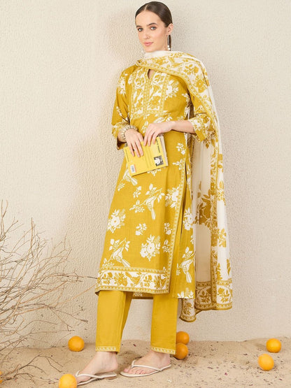 Floral Printed Straight Pure Cotton Kurta With Trousers & Dupatta