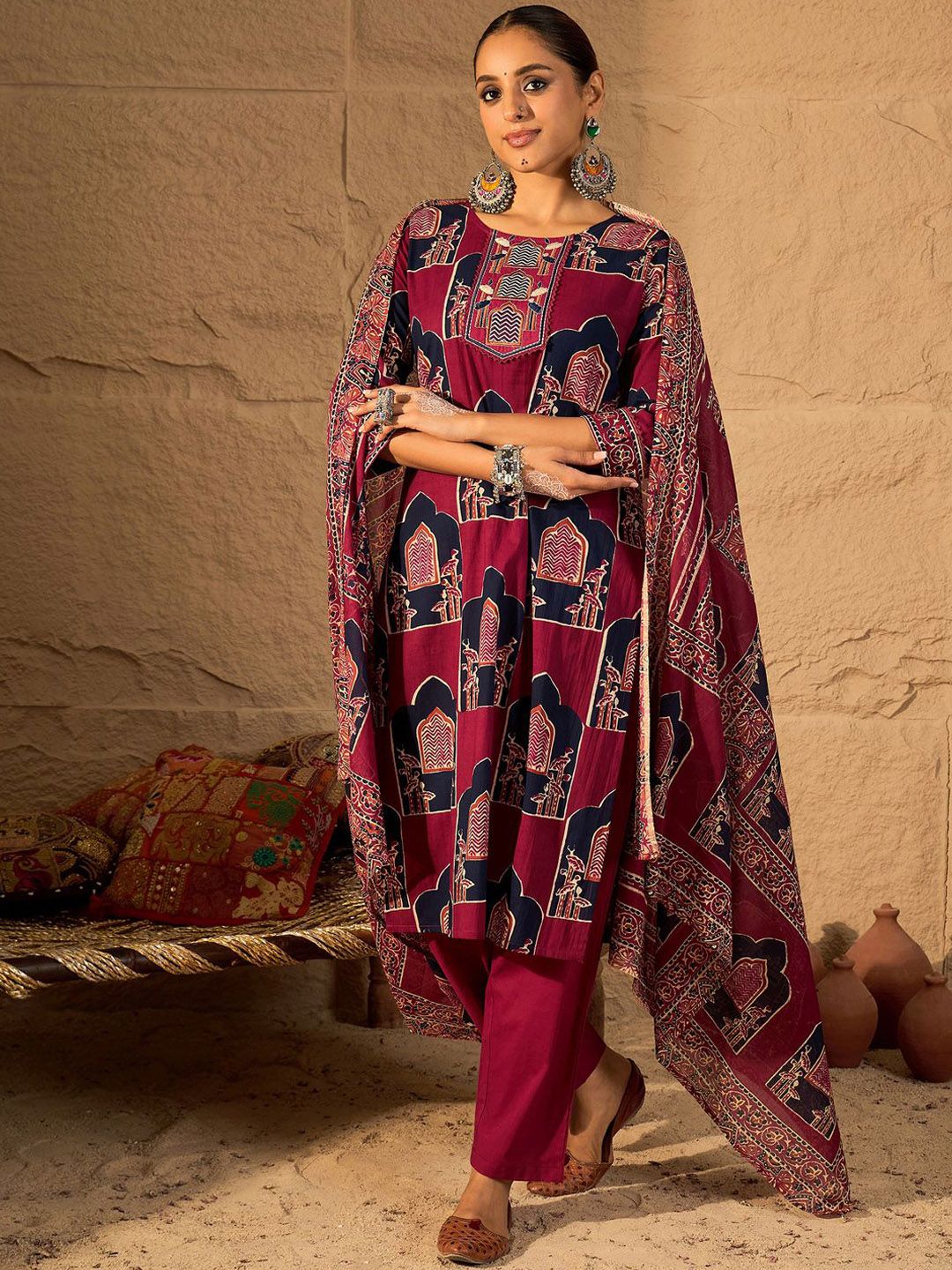 Printed Straight Kurta & Trousers With Dupatta set