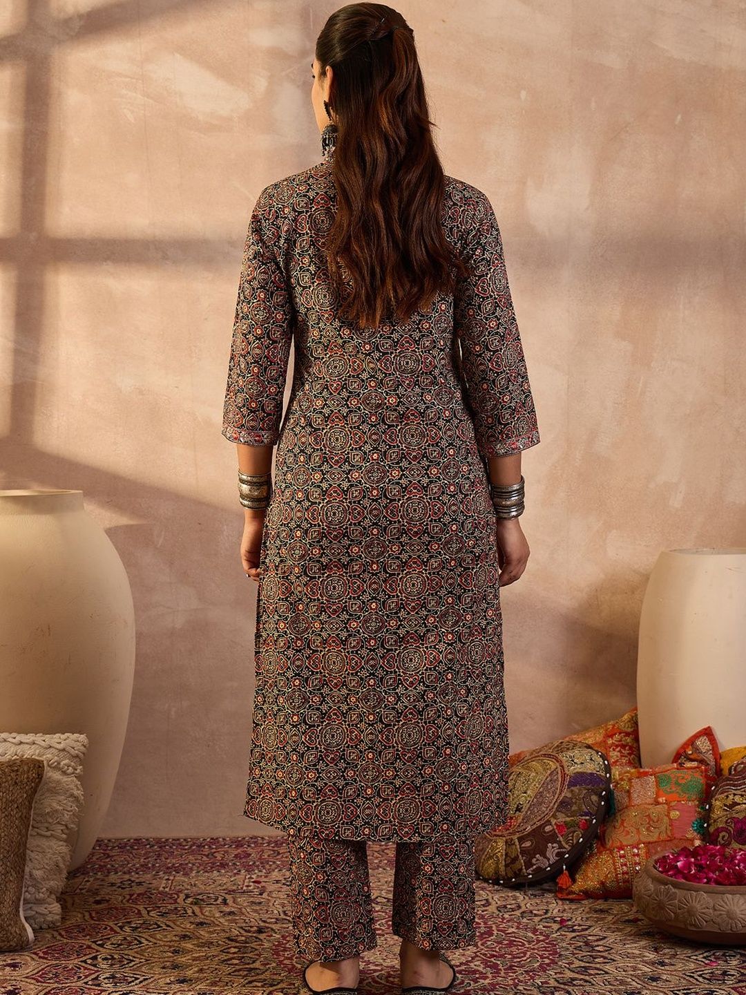 Women Ethnic Motifs Printed Regular Thread Work Pure Cotton Kurta With Trousers