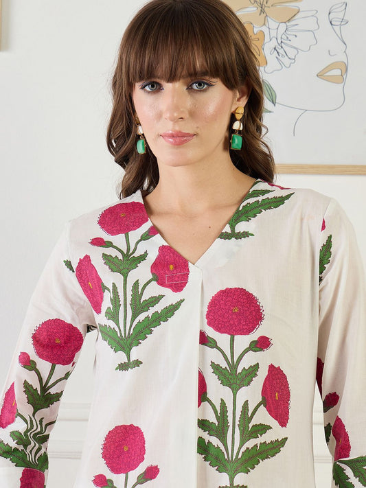 Dhiyona IE Printed Cotton V Neck Top With Trousers Co-Ords