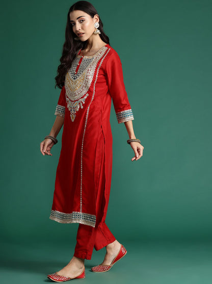 Ethnic Motifs Embroidered Kurta with Trousers & With Dupatta