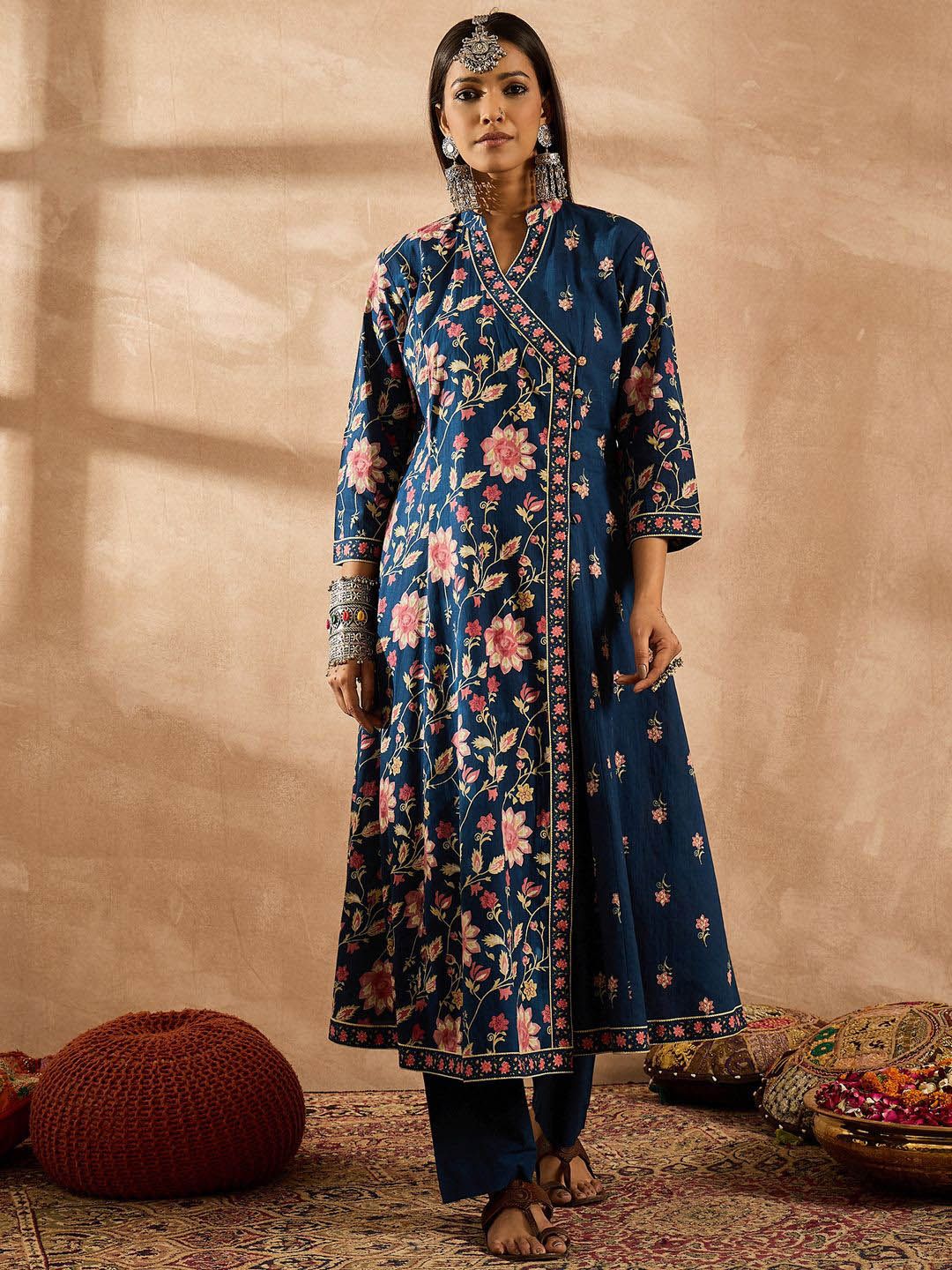 Dhiyona IE Women Floral Printed Angrakha Beads and Stones Pure Cotton Kurta with Trousers & With Dupatta