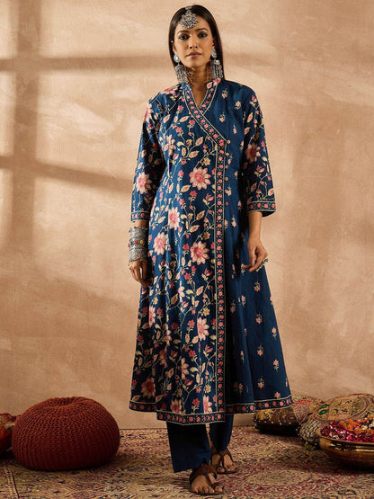 Dhiyona IE Women Floral Printed Angrakha Beads and Stones Pure Cotton Kurta with Trousers & With Dupatta