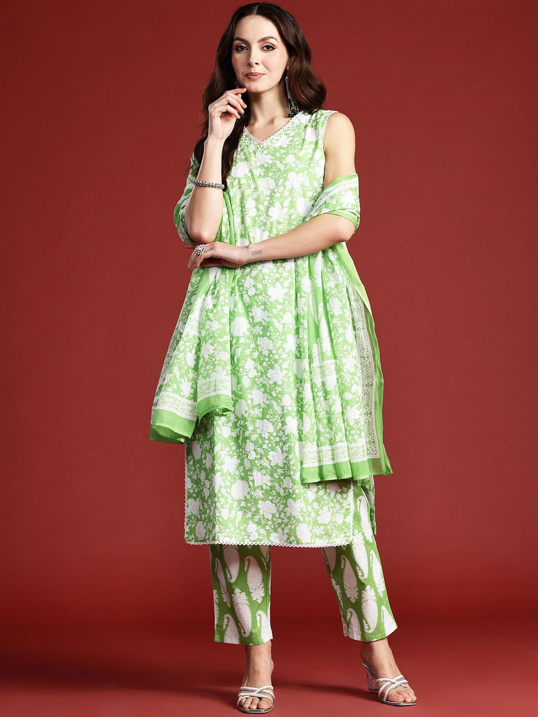 Dhiyona IE Paisley Printed Sequinned Pure Cotton Kurta with Trousers & With Dupatta
